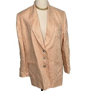 Vintage 100% linen woven floral texture shawl collar blazer jacket peach size 12